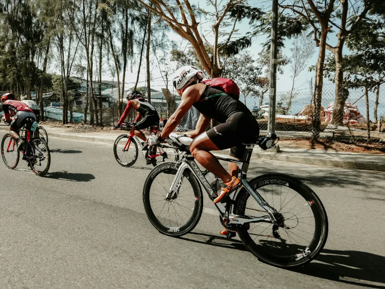 Triathletes on the bike leg of a race
